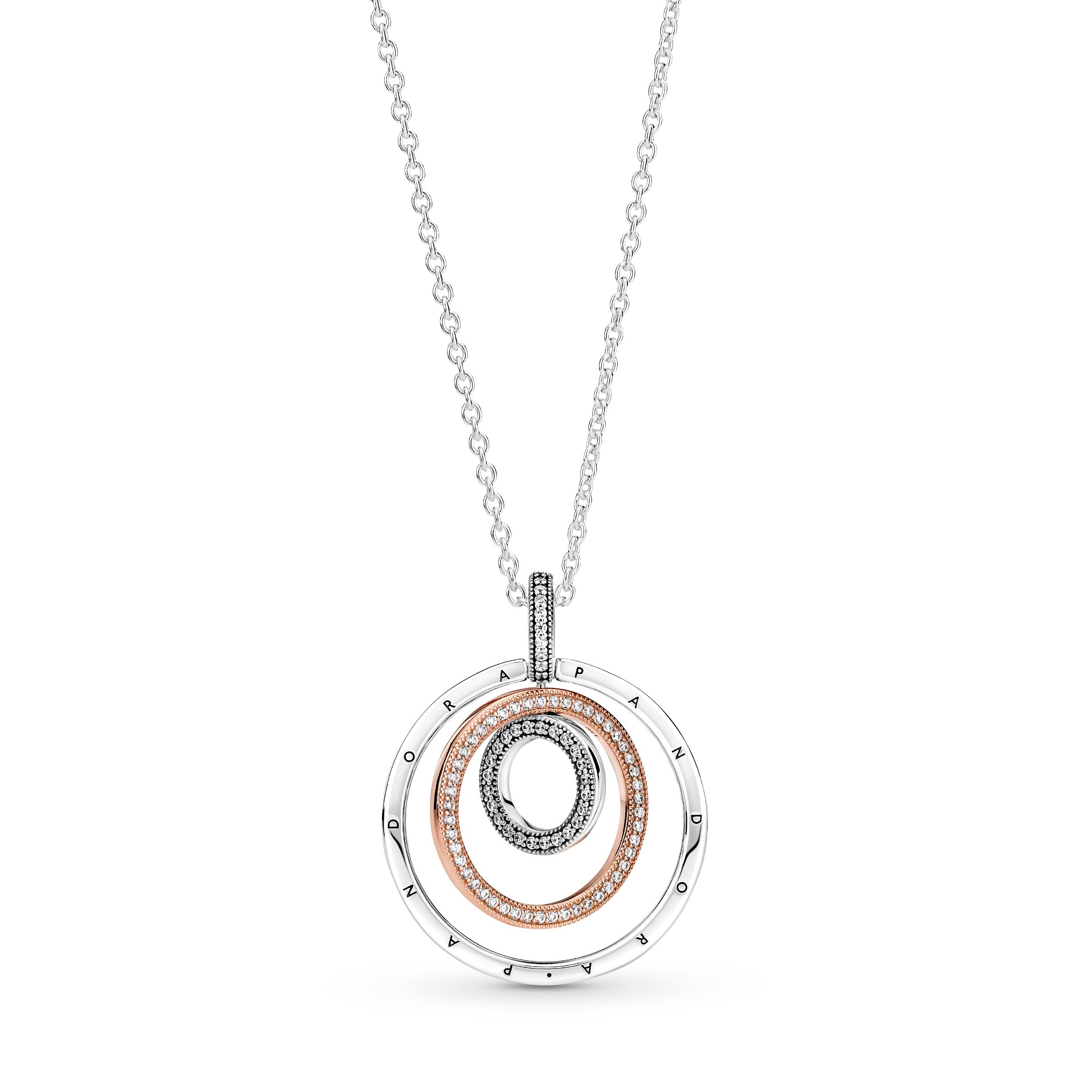 Pandora Logo Interlocking Circles Sterling Silver And 14K Rose Gold-Plated Pendant With Clear Cubic Zirconia And Necklace