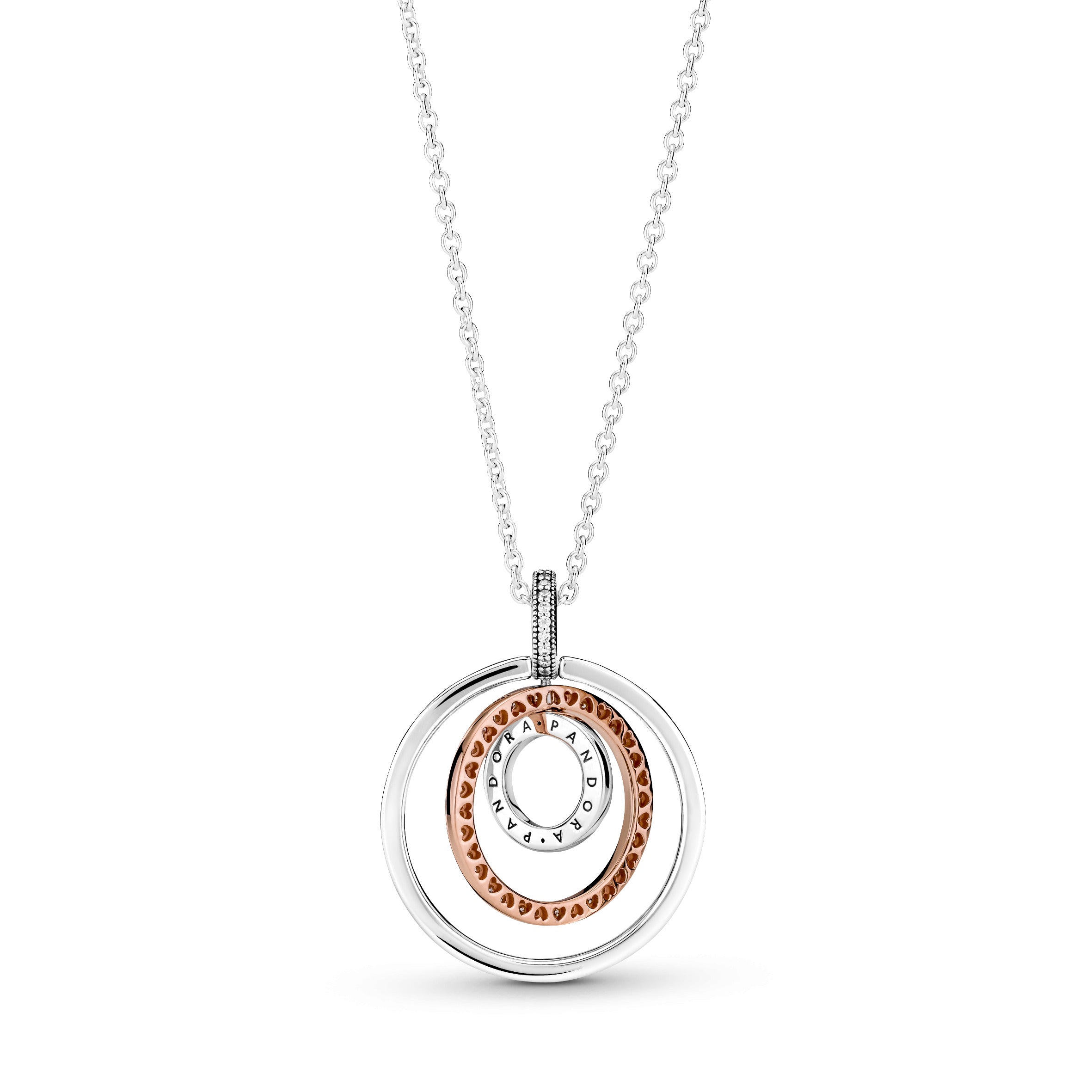 Pandora Logo Interlocking Circles Sterling Silver And 14K Rose Gold-Plated Pendant With Clear Cubic Zirconia And Necklace