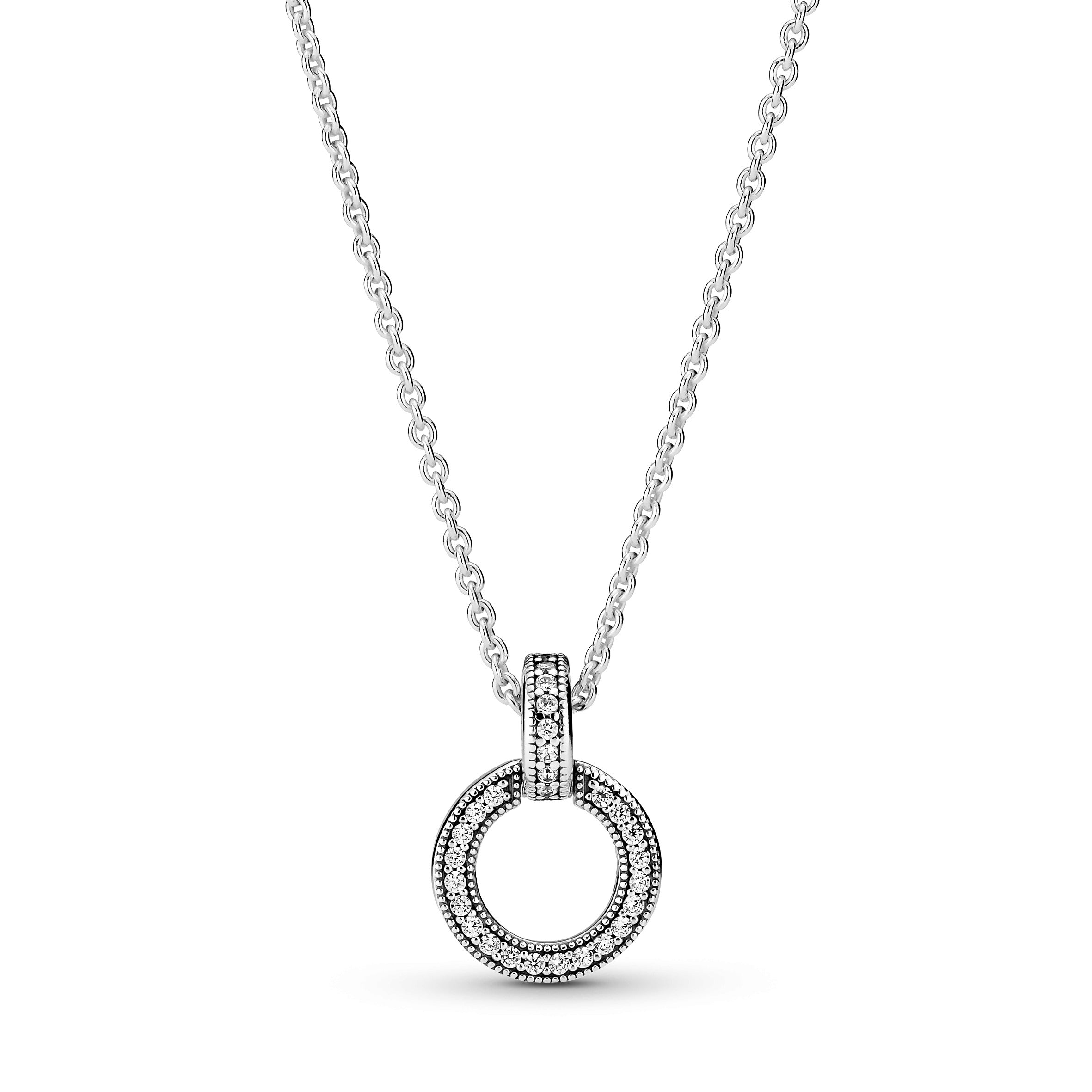 Pandora Logo Interlocking Circles Sterling Silver Pendant With Clear Cubic Zirconia And Necklace