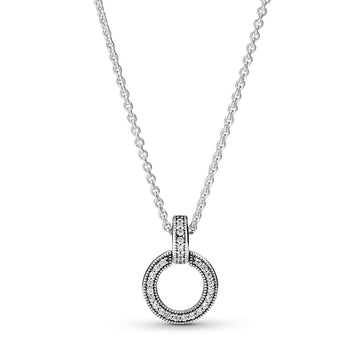 Pandora Logo Interlocking Circles Sterling Silver Pendant With Clear Cubic Zirconia And Necklace