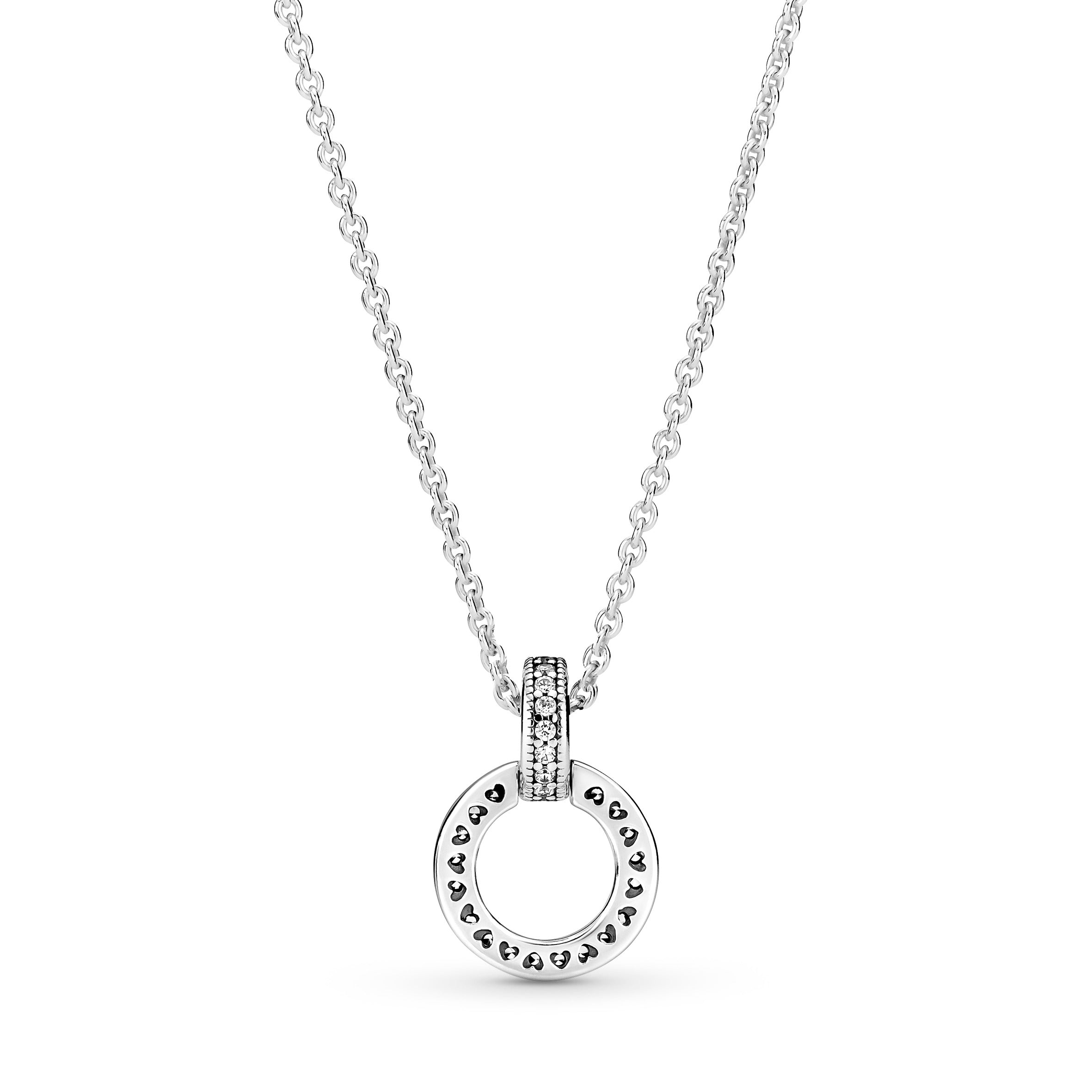 Pandora Logo Interlocking Circles Sterling Silver Pendant With Clear Cubic Zirconia And Necklace