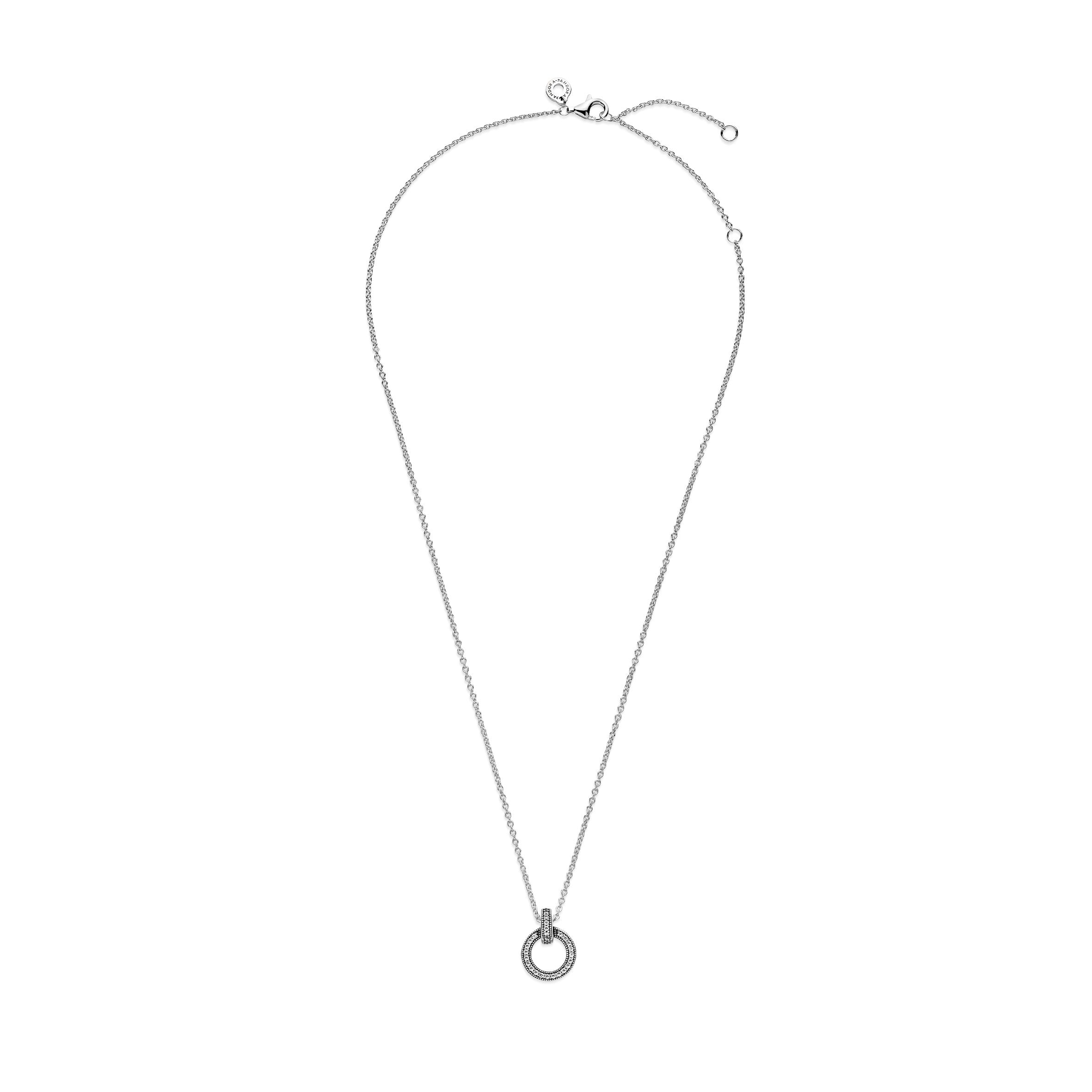 Pandora Logo Interlocking Circles Sterling Silver Pendant With Clear Cubic Zirconia And Necklace