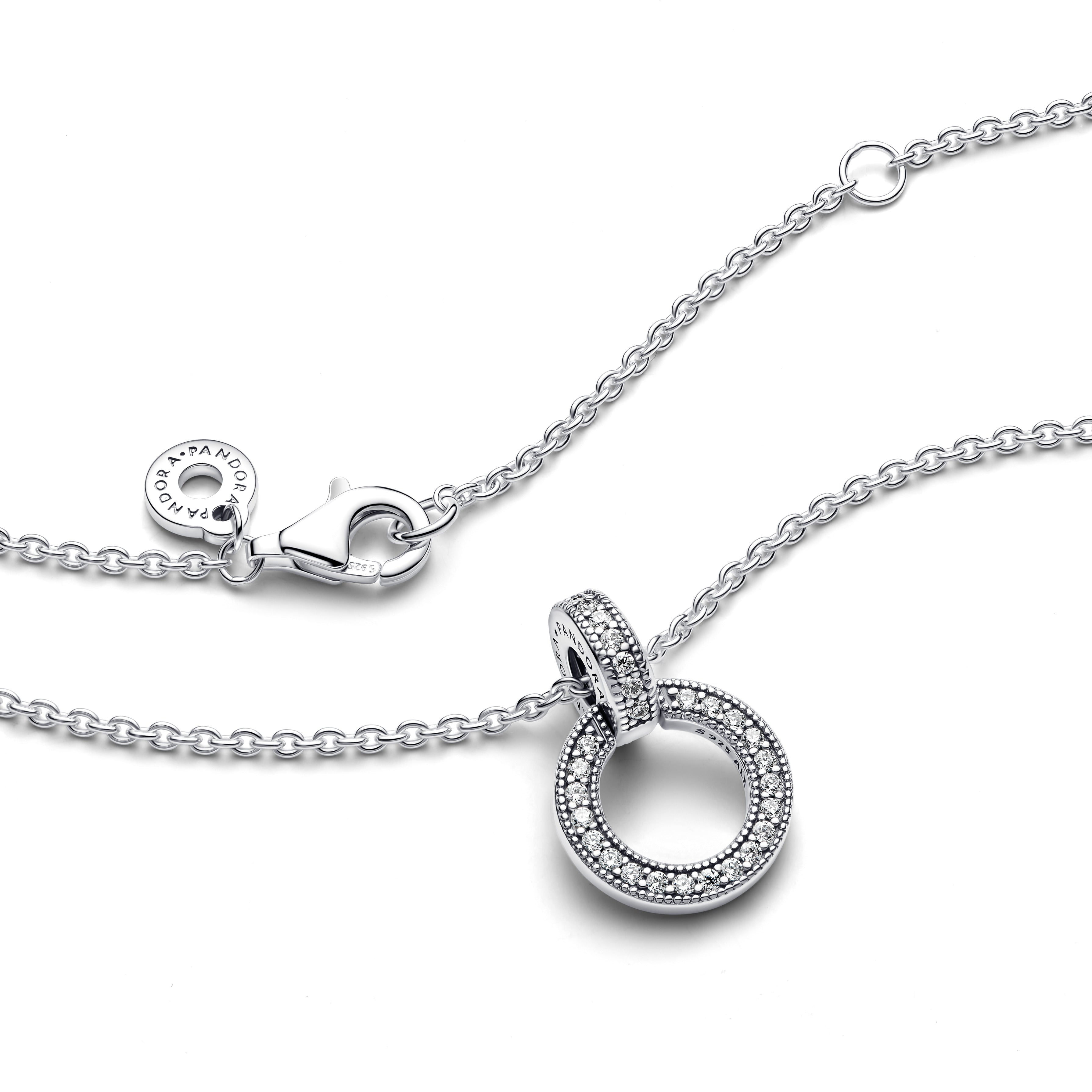 Pandora Logo Interlocking Circles Sterling Silver Pendant With Clear Cubic Zirconia And Necklace