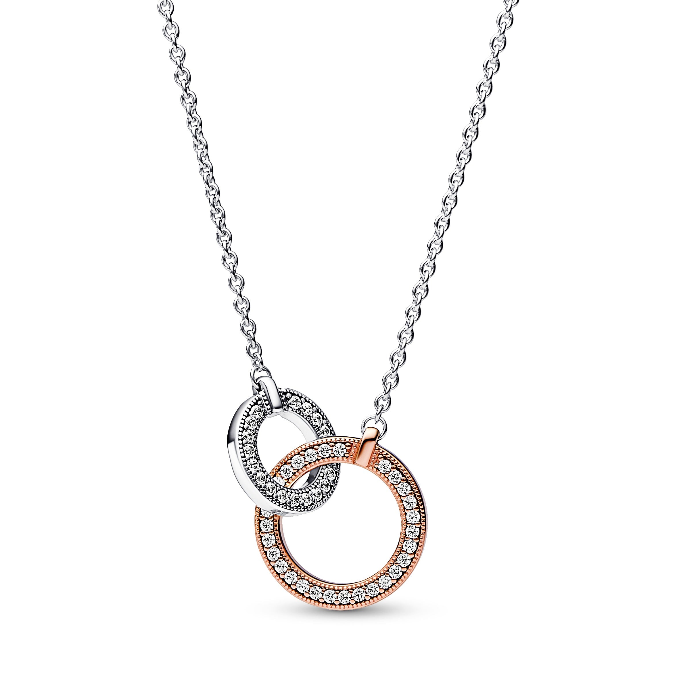 Pandora Logo Intertwined Circle Sterling Silver And 14K Rose Gold-Plated Collier With Clear Cubic Zirconia
