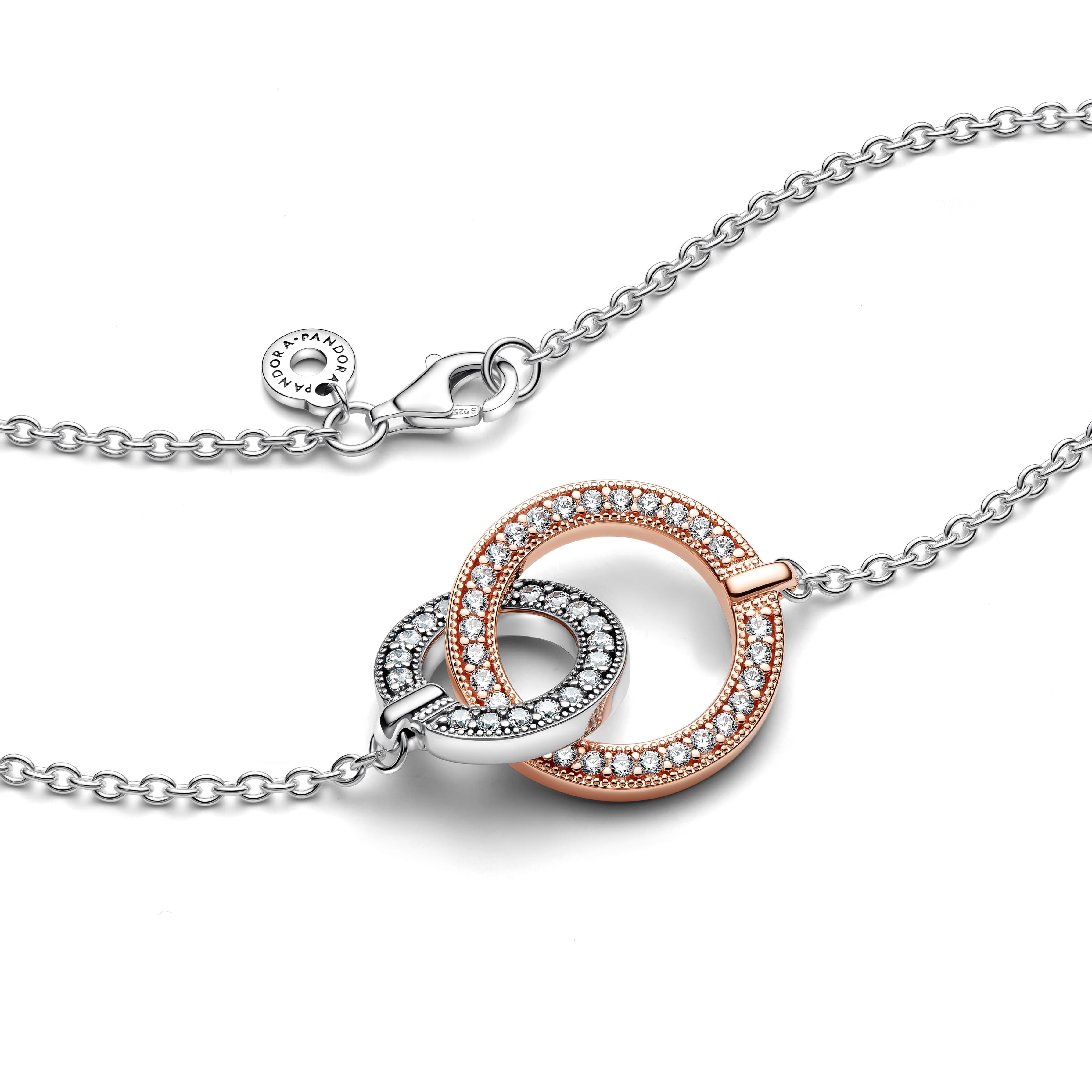 Pandora Logo Intertwined Circle Sterling Silver And 14K Rose Gold-Plated Collier With Clear Cubic Zirconia