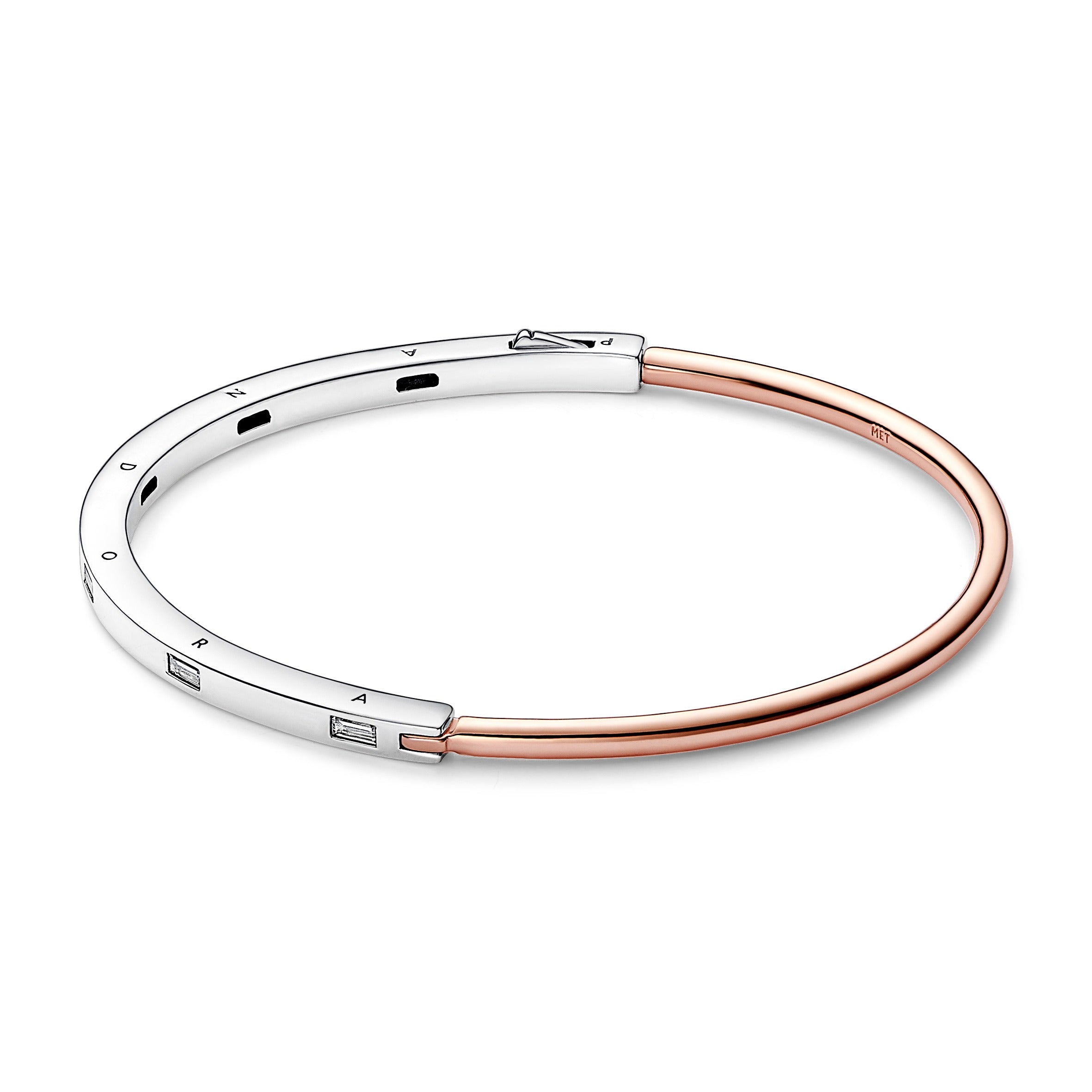Pandora Logo Sterling Silver And 14K Rose Gold-Plated Bangle With Clear Cubic Zirconia