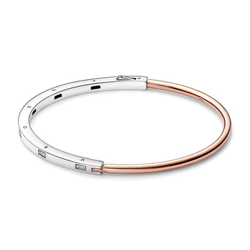 Pandora Logo Sterling Silver And 14K Rose Gold-Plated Bangle With Clear Cubic Zirconia