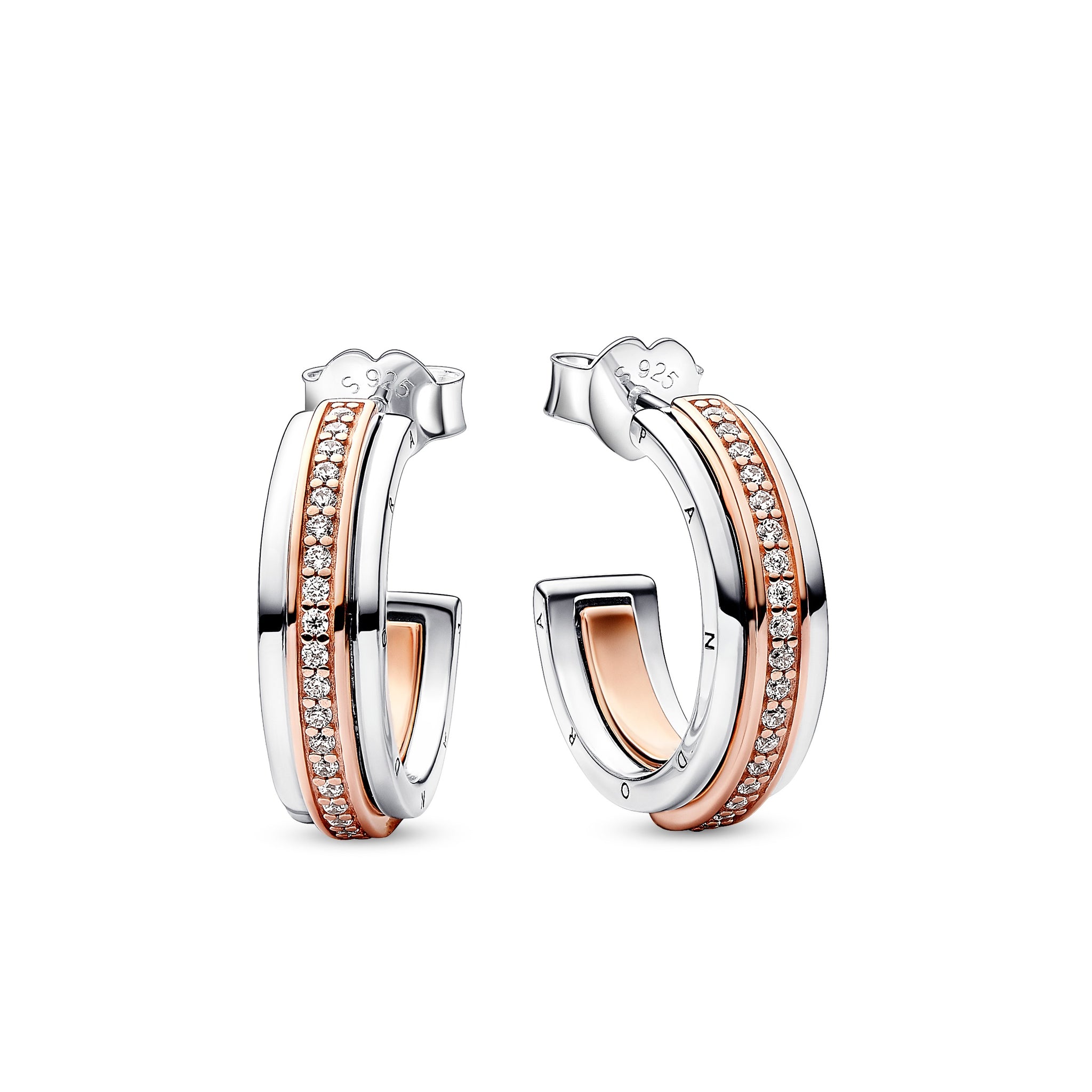 Pandora Logo Sterling Silver And 14K Rose Gold-Plated Hoop Earrings With Clear Cubic Zirconia
