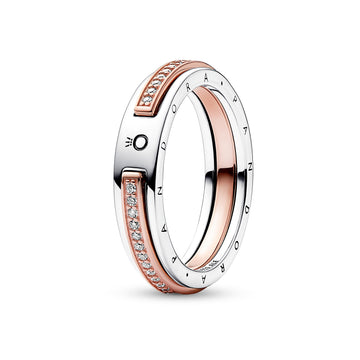 Pandora Logo Sterling Silver And 14K Rose Gold-Plated Ring With Clear Cubic Zirconia