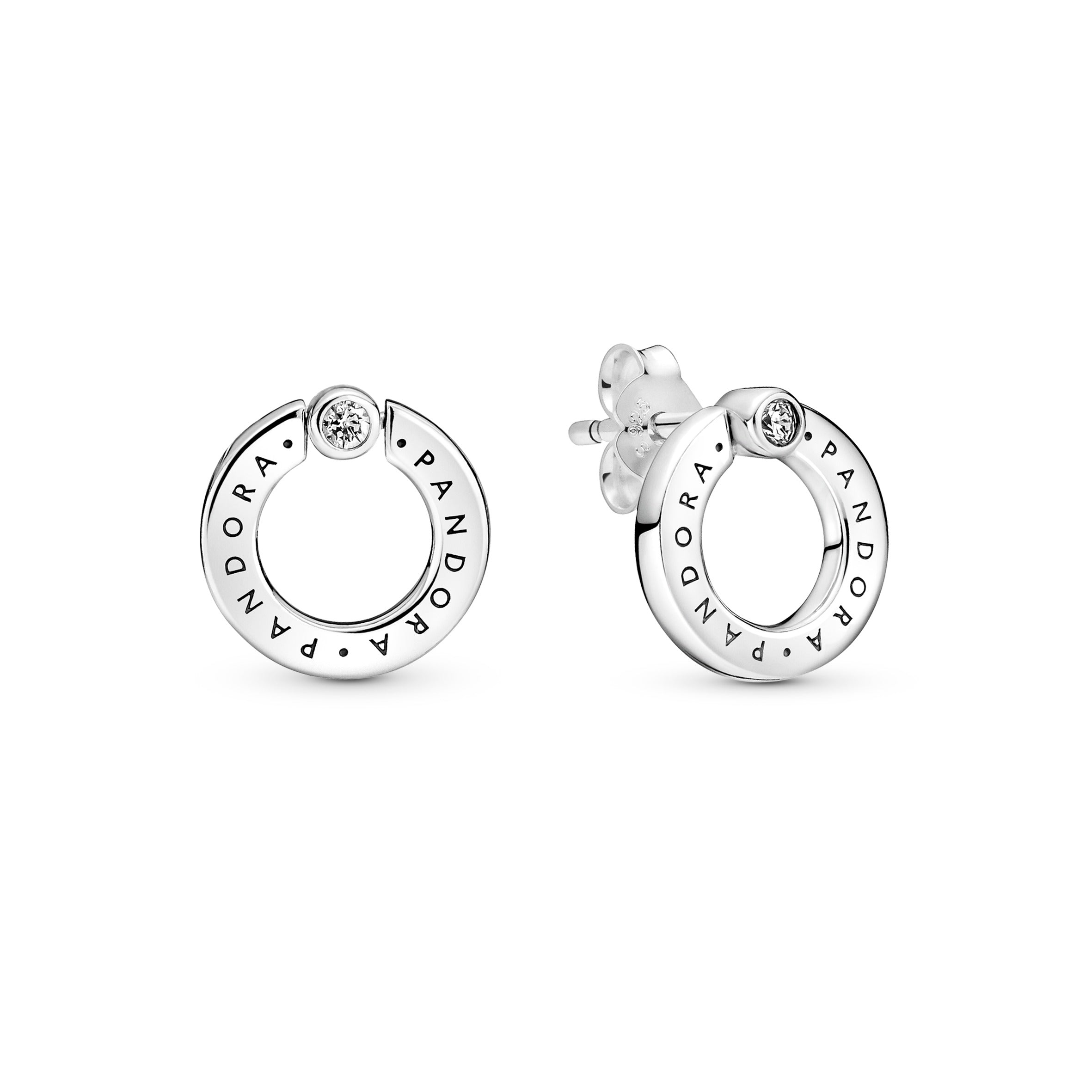 Pandora Logo Sterling Silver Reversible Stud Earrings With Clear Cubic Zirconia