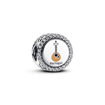 Portuguese Guitar Sterling Silver Charm With Clear Cubic Zirconia, Black And Brown Enamel